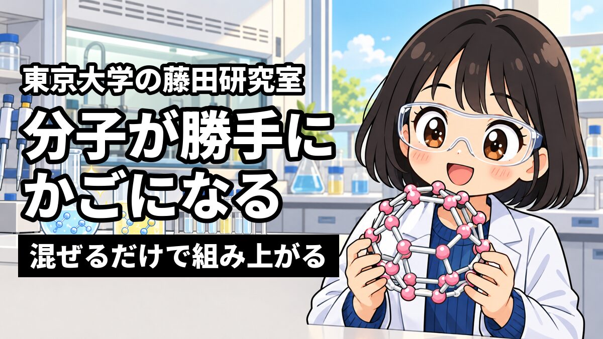 化学の実験室で、球と棒でできたサッカーボールのような分子のかごの模型を両手で持ち、目を輝かせる茶髪の黒髪ボブの女子大学生。「東京大学の藤田研究室」「分子が勝手にかごになる」「混ぜるだけで組み上がる」の文字。