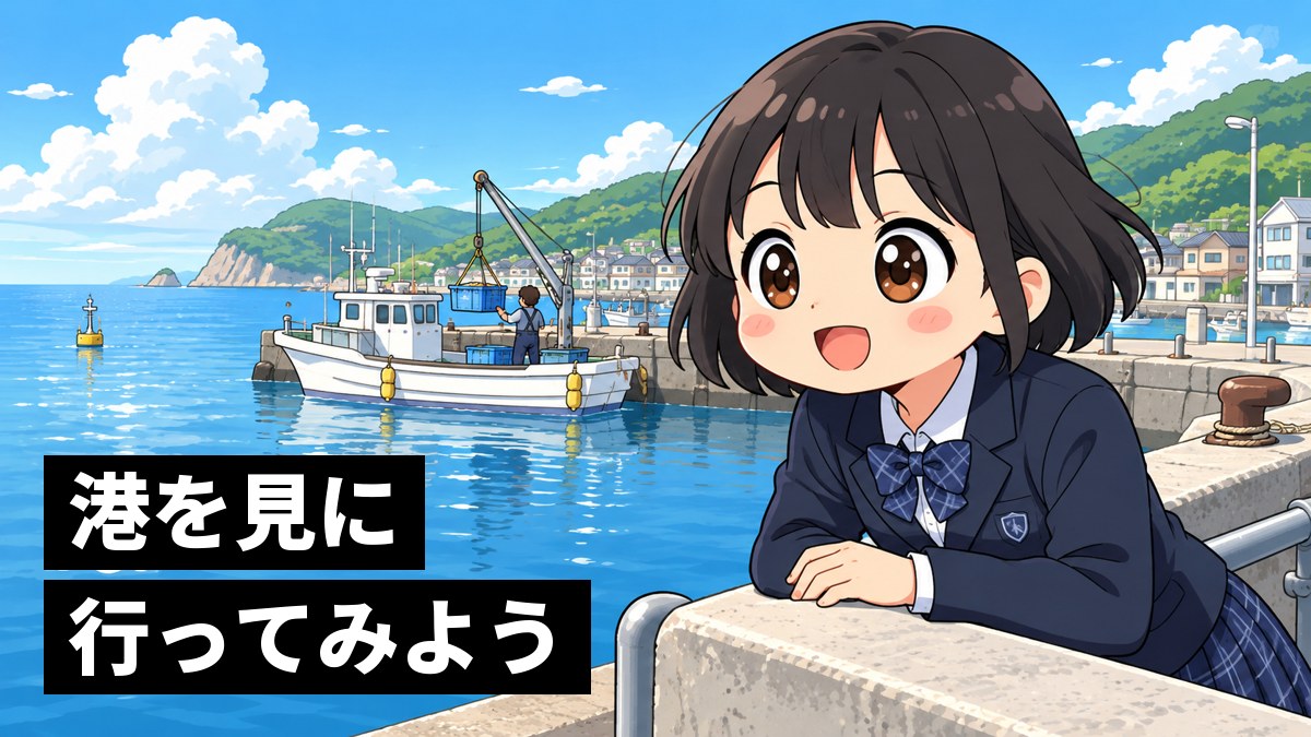 晴れた日の小さな漁港の岸壁で、漁船から魚の箱が上がるのを見て、目をきらきらさせて身を乗り出す制服の中学生の女子。「港を見に行ってみよう」の文字。