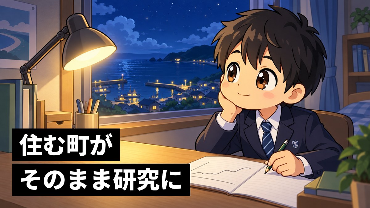 夜の自分の部屋の机で、数学のノートにグラフをかきながら、窓の外の港の明かりを見て穏やかにほほえむ制服の中学生の男子。「住む町がそのまま研究に」の文字。