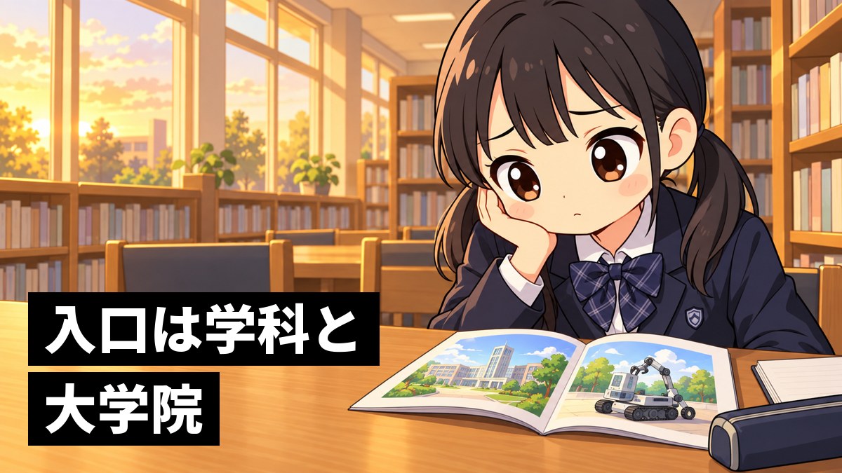 夕方の学校の図書室で、大学の案内の冊子を広げたまま、どこから目指せばいいか分からず眉を下げて考えこむ館山中の女子。「入口は学科と大学院」の文字。