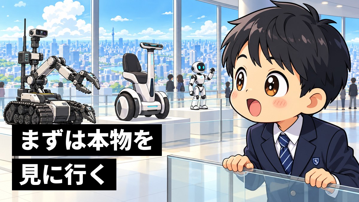 高い建物の中の明るい展示室で、ガラス越しに並ぶ本物のロボットを前に、目を見開いて感動する館山中の男子。窓の外には東京の街並み。「まずは本物を見に行く」の文字。
