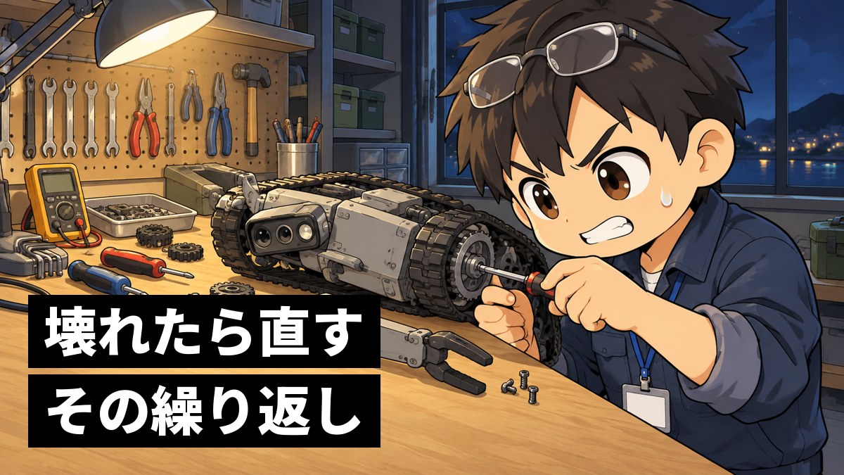 夜の作業場で、動かなくなったロボットの足回りを、悔しそうに歯を食いしばってドライバーで直す作業着の若い研究員の男性。「壊れたら直す、その繰り返し」の文字。