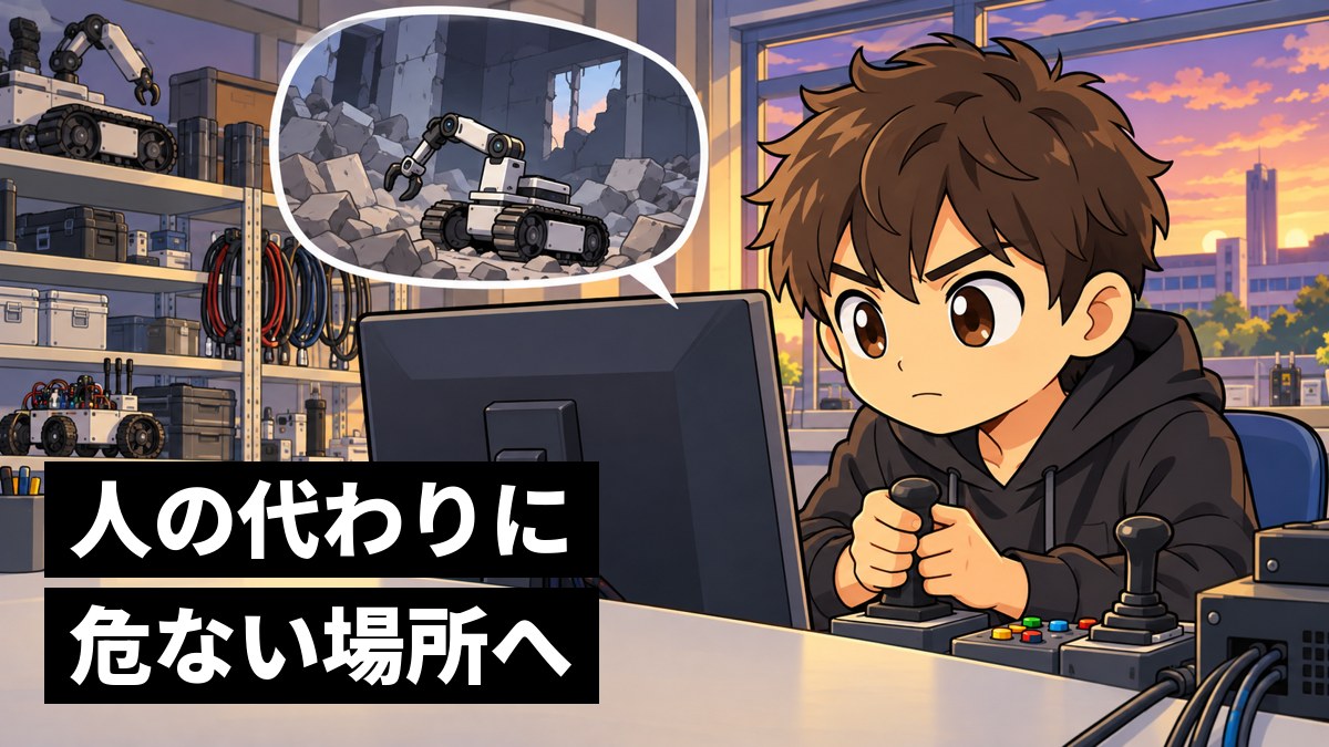操縦の席でジョイスティックを握り、離れた場所のロボットを夢中で動かす茶髪の男子大学生。画面の吹き出しには、がれきの中を進むロボットの様子。「人の代わりに危ない場所へ」の文字。