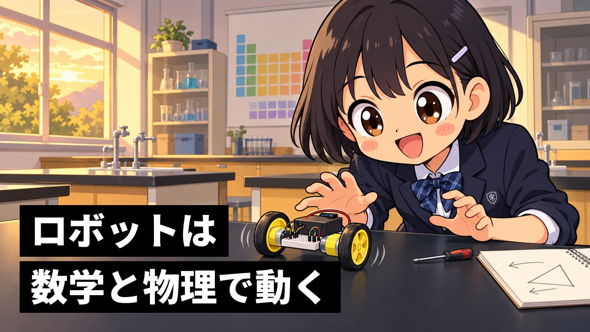 放課後の理科室で、自分で組み立てた小さな車輪のロボットが動き出すのを、身を乗り出してワクワクしながら見つめる館山中の女子。「ロボットは数学と物理で動く」の文字。