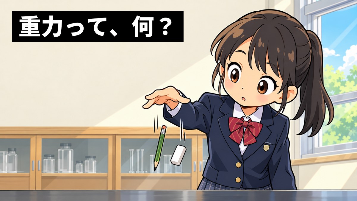 理科室で、手から離した鉛筆と消しゴムが落ちていくのを見つめ、首をかしげる館山中の女子。「重力って、何？」の文字。