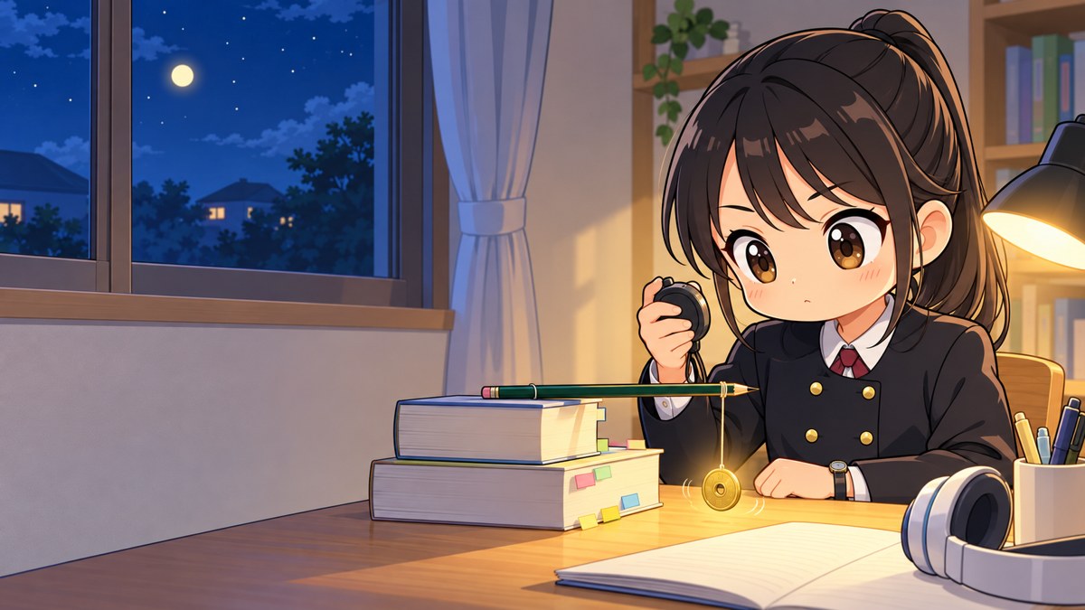 夜の自分の部屋で、鉛筆から糸で吊るした5円玉の振り子を揺らし、ストップウォッチを手に、揺れを目で追って集中する安房高の女子。