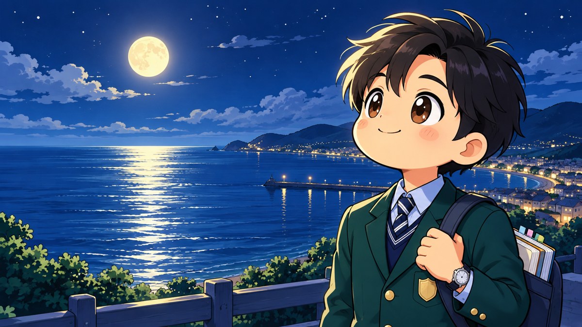 夜、月が照らす館山の海を見下ろす高台で、月を見上げて小さくほほえむ志学館高の男子。