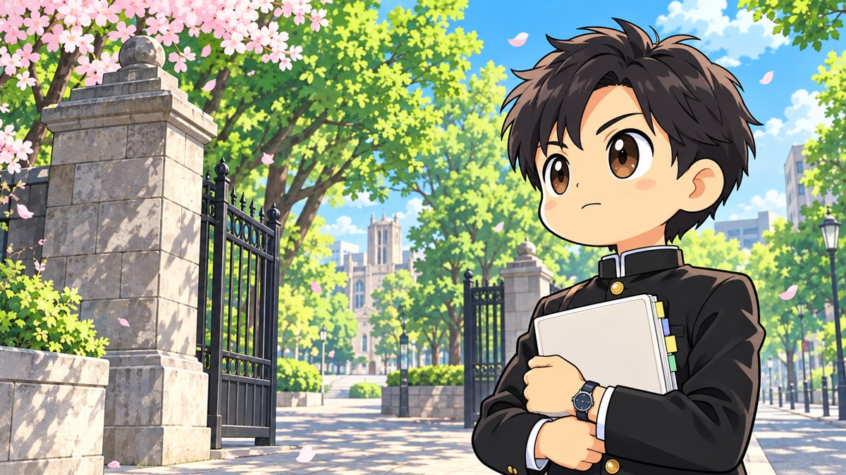 木の多い大学の石の門の前で、背筋を伸ばしてパンフレットを胸に抱え、まっすぐ前を見る安房高の男子。