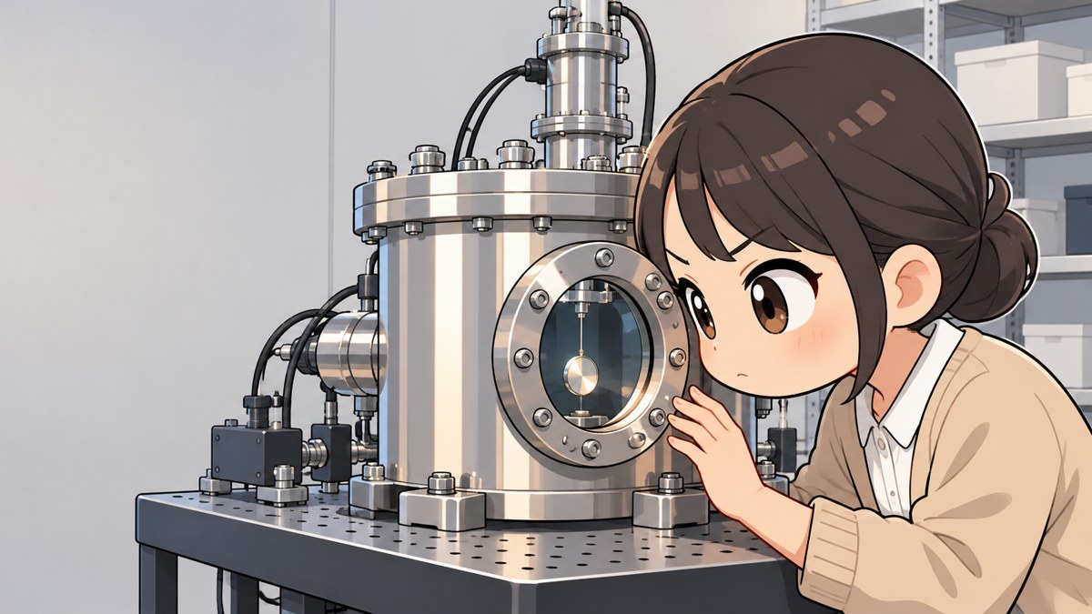 大学の実験室で、大きな円筒形の金属の真空容器の丸窓から、中に吊るされた小さな鏡をのぞきこみ、息をつめて集中する女子大学院生。