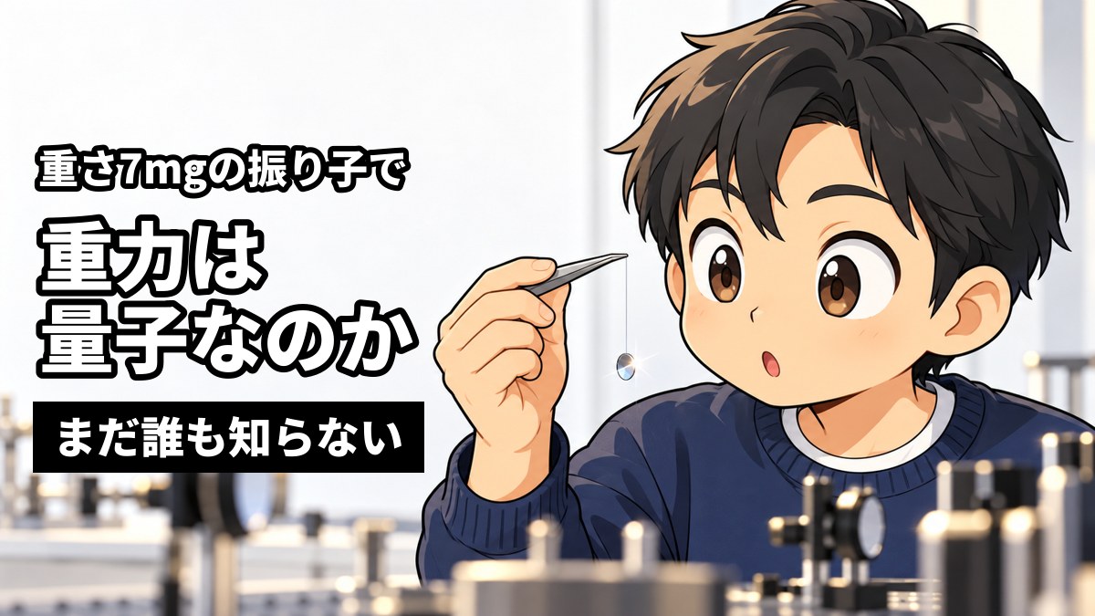 大学の実験室で、ピンセットの先から細い糸で吊るした小さな丸い鏡を、目を見開いて見つめる男子大学院生。「重さ7mgの振り子で」「重力は量子なのか」「まだ誰も知らない」の文字。