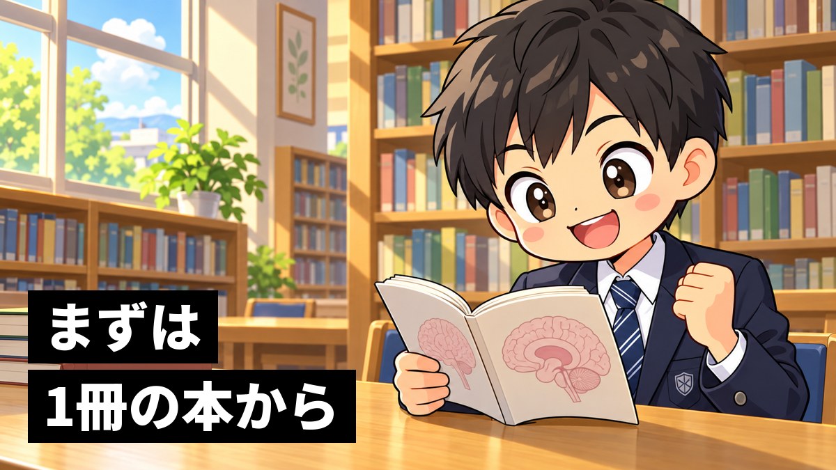 学校の図書室で、脳の絵がのった本を開いて、分かった瞬間に満面の笑顔になる館山中の男子。「まずは1冊の本から」の文字。