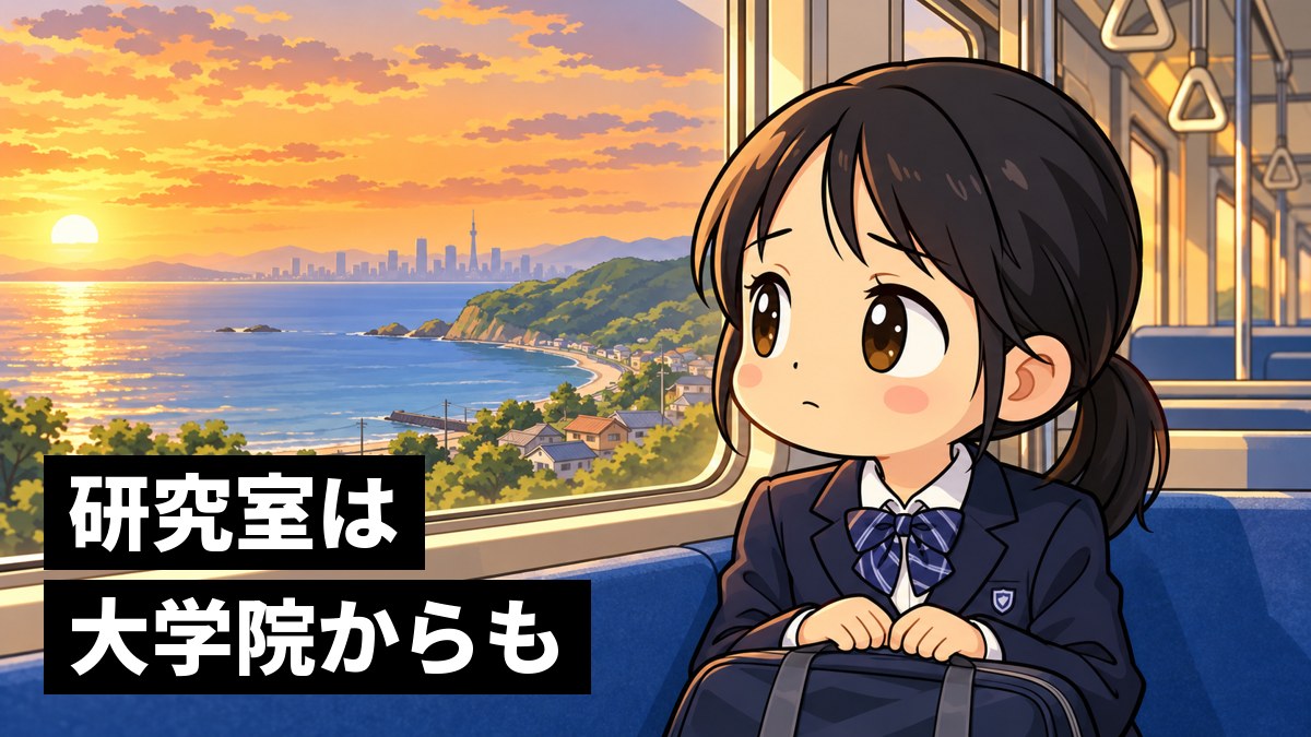 夕方の通学の電車で、窓の外の海と遠い街を見ながら、少し心細そうな館山中の女子。「研究室は大学院からも」の文字。