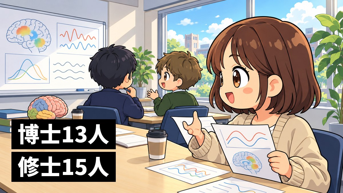 大学のゼミ室の大きな机で、ノートパソコンと論文を広げた仲間と話しながら、楽しそうに話に加わる茶髪の女子大学院生。「博士13人 修士15人」の文字。