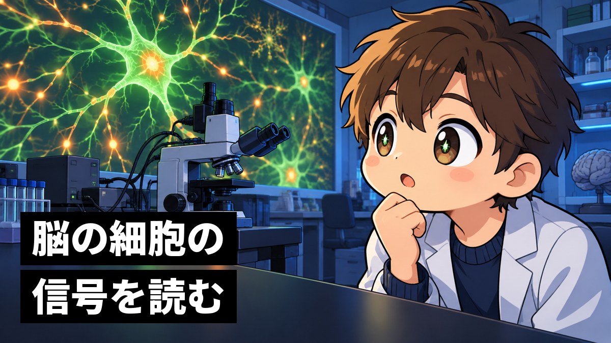 大学の研究室で、顕微鏡の横の大きな画面に映った光る神経細胞の網を、身を乗り出して夢中で見つめる茶髪の男子大学生。「脳の細胞の信号を読む」の文字。