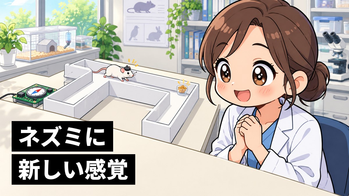 白い迷路の実験台で、頭に小さなセンサーをつけた白いネズミが正しい道を進むのを見て、両手を胸の前で握り目を輝かせる茶髪の女性研究者。「ネズミに新しい感覚」の文字。