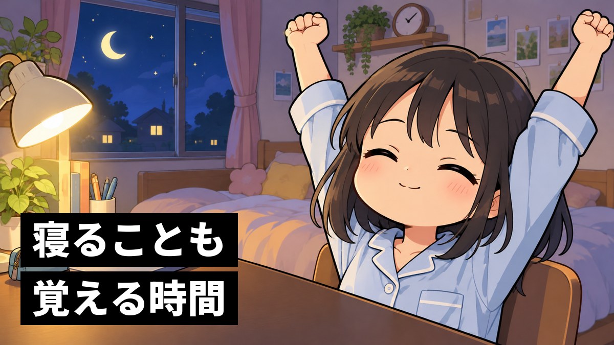 夜の自分の部屋で、勉強を終えてノートを閉じ、気持ちよさそうに伸びをするパジャマ姿の女子中学生。窓の外に月。「寝ることも覚える時間」の文字。