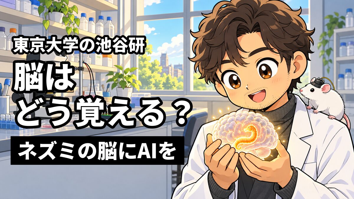 脳の研究室で、頭に小さな装置をつけた白いネズミを肩に乗せ、両手で持った光る脳の模型を見つめて目を輝かせる茶髪の若い男性の研究者。「東京大学の池谷研」「脳は どう覚える?」「ネズミの脳にAIを」の文字。