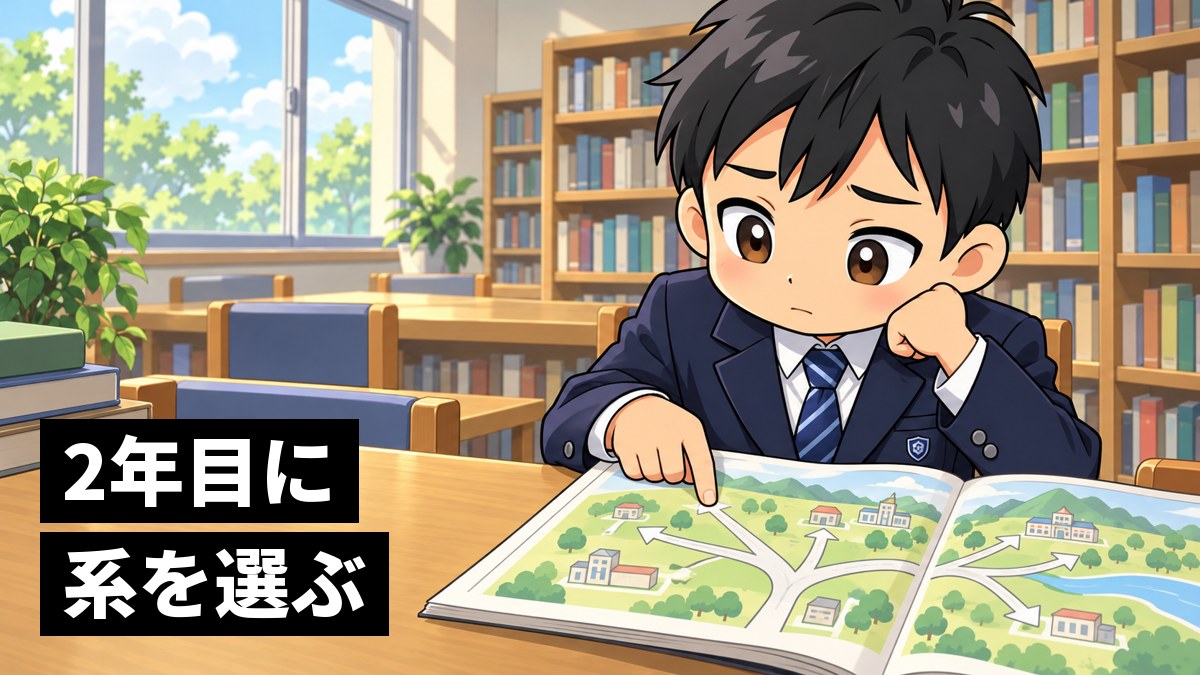学校の図書室で、分かれ道の描かれた大きな案内図を広げ、どちらに進めばいいか少し不安そうに考えこむ館山中の男子。「2年目に系を選ぶ」の文字。
