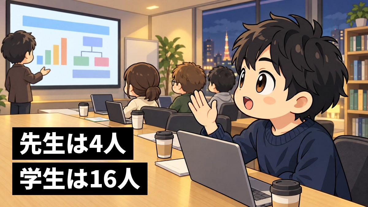 大学のゼミ室で、仲間の発表を聞きながら、手を挙げて質問しようと目を輝かせる大学院生の男性。「先生は4人、学生は16人」の文字。