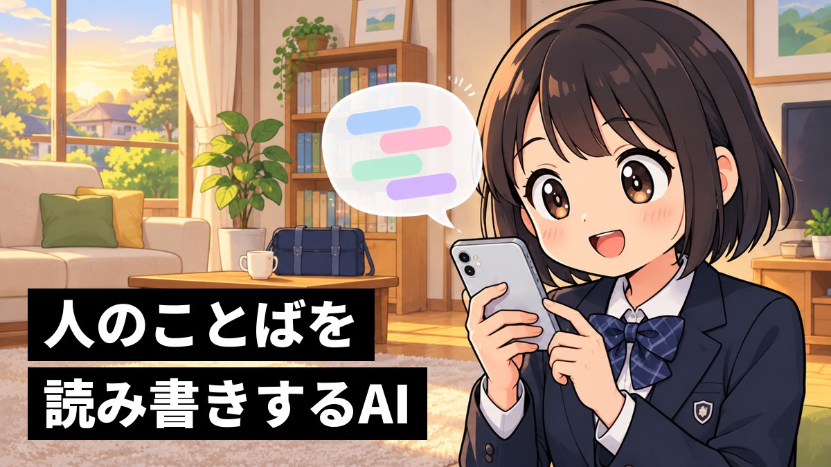 夕方の家のリビングで、スマホに話しかけた言葉が文字になっていくのを、面白がってのぞきこむ館山中の女子。「人のことばを読み書きするAI」の文字。