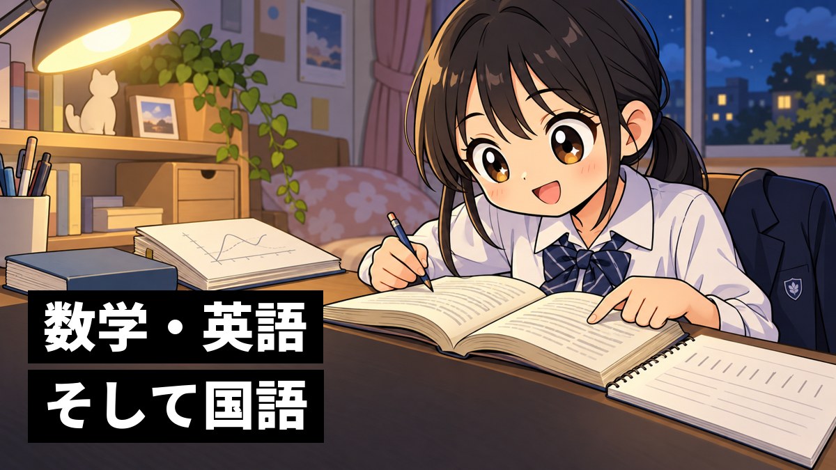 夜の自分の部屋で、古い小説の文を指でなぞりながら、ノートに区切りの線を引いてワクワクする館山中の女子。「数学・英語、そして国語」の文字。