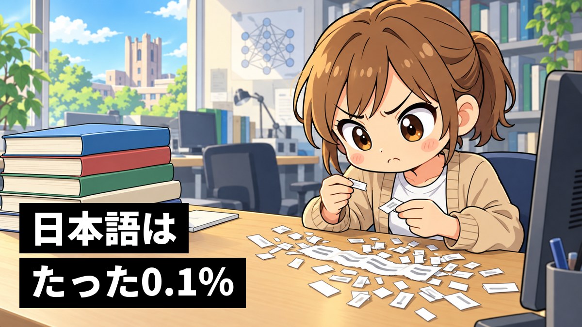 研究室の机で、細かく切れてばらばらになった紙の帯を手に、くやしそうに眉を寄せる茶髪の女子大学生。「日本語はたった0.1%」の文字。