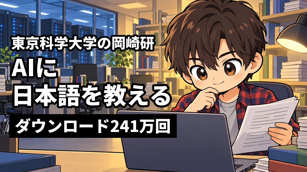 大学の研究室で、ノートパソコンの画面と、手に持った文章の束を見比べて考えこむ、長めの前髪でチェックのネルシャツの男子大学生。「東京科学大学の岡崎研」「AIに日本語を教える」「ダウンロード241万回」の文字。