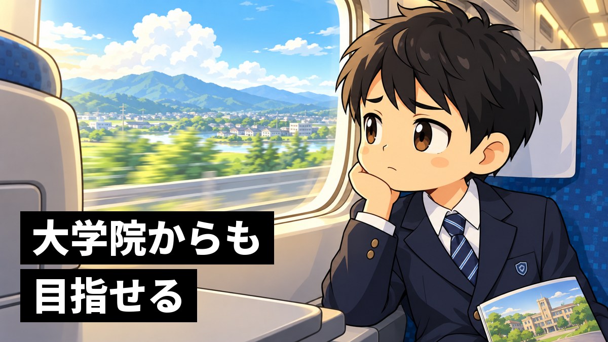 新幹線の窓際の席で、遠くの大学の案内を膝に置き、少し心細そうに流れる景色を見つめる館山中の男子。「大学院からも目指せる」の文字。