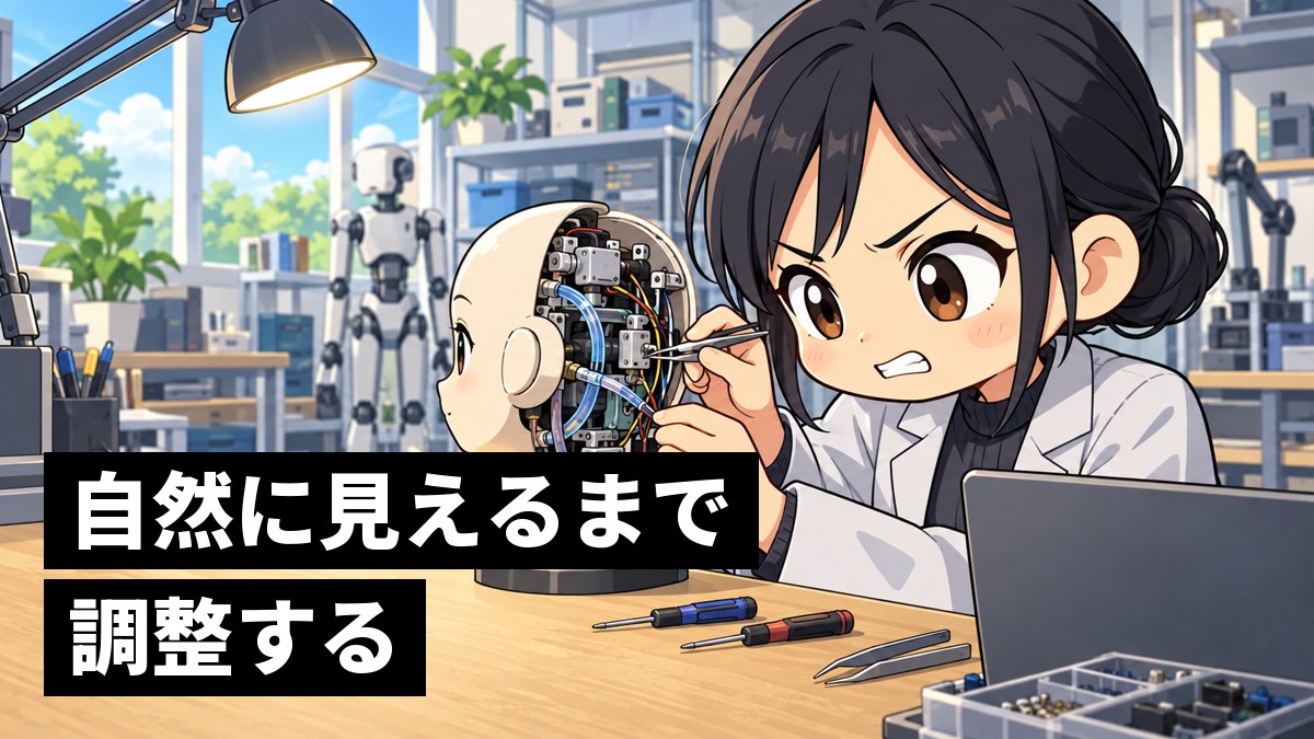作業台で、後頭部のふたを開けたアンドロイドの頭の小さなモーターを、悔しそうに歯を食いしばって調整する大学院生の女性。「自然に見えるまで調整する」の文字。
