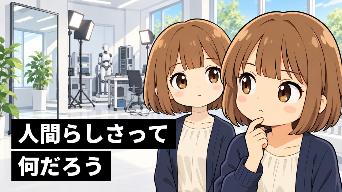 大きな鏡の前で、自分そっくりのアンドロイドと並んで立ち、首をかしげて見比べる茶髪の女子大学生。「人間らしさって何だろう」の文字。