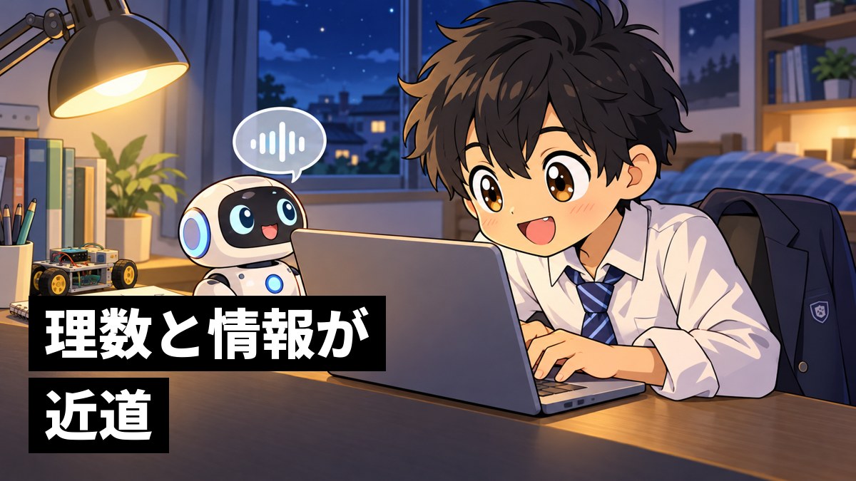 夜の自分の部屋で、ノートパソコンでプログラムを書き、机の上の小さなロボットがしゃべり出すのをワクワクしながら見つめる館山中の男子。「理数と情報が近道」の文字。