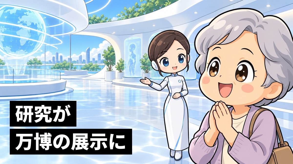 未来的なパビリオンの中で、出迎えたアンドロイドに話しかけられ、満面の笑顔になる白髪の女性。「研究が万博の展示に」の文字。
