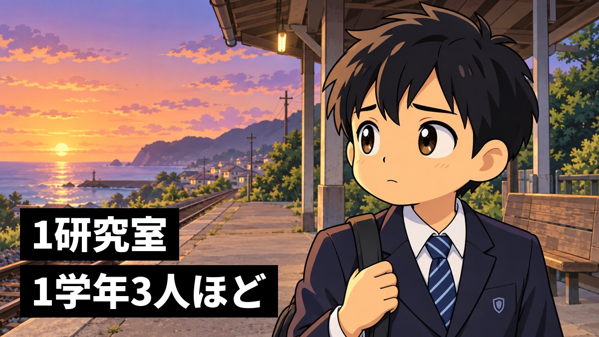 夕方の小さな駅のホームで、東京へ向かう線路の先を見つめ、少し不安そうな館山中の男子。「1研究室、1学年3人ほど」の文字。