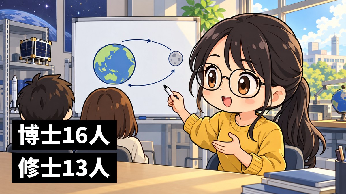 大学の研究室で、地球のまわりを回る軌道の図を描いたホワイトボードの前に立ち、仲間と夢中で話しこむ黒髪の女子大学院生。「博士16人、修士13人」の文字。
