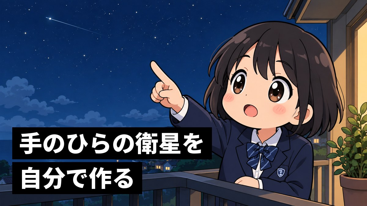 夜の家のベランダで、星空をすうっと横切る人工衛星の小さな光を見つけ、手すりから身を乗り出してワクワクする館山中の女子。「手のひらの衛星を自分で作る」の文字。