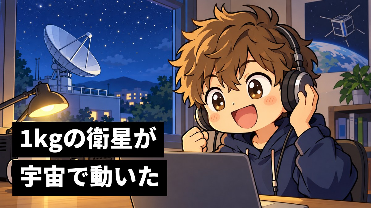 夜の大学の衛星の運用室で、ヘッドホンを押さえ、打ち上げた衛星から初めての電波が届いて満面の笑顔で喜ぶ茶髪の男子大学生。窓の外に屋上のパラボラアンテナ。「1kgの衛星が宇宙で動いた」の文字。