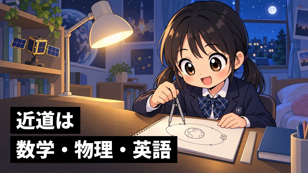 夜の自分の部屋の机で、ノートに地球と衛星の軌道の図をコンパスで描きながら、解けそうになってワクワクする館山中の女子。「近道は数学・物理・英語」の文字。