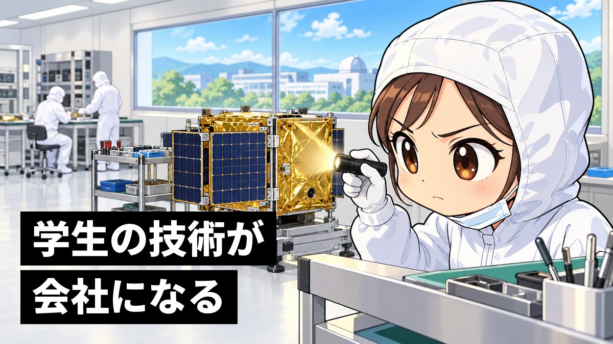 衛星の会社のクリーンルームで、白い作業着とマスク姿で、打ち上げ前の小型衛星を眉を寄せて真剣ににらんで点検する若い技術者の女性。「学生の技術が会社になる」の文字。