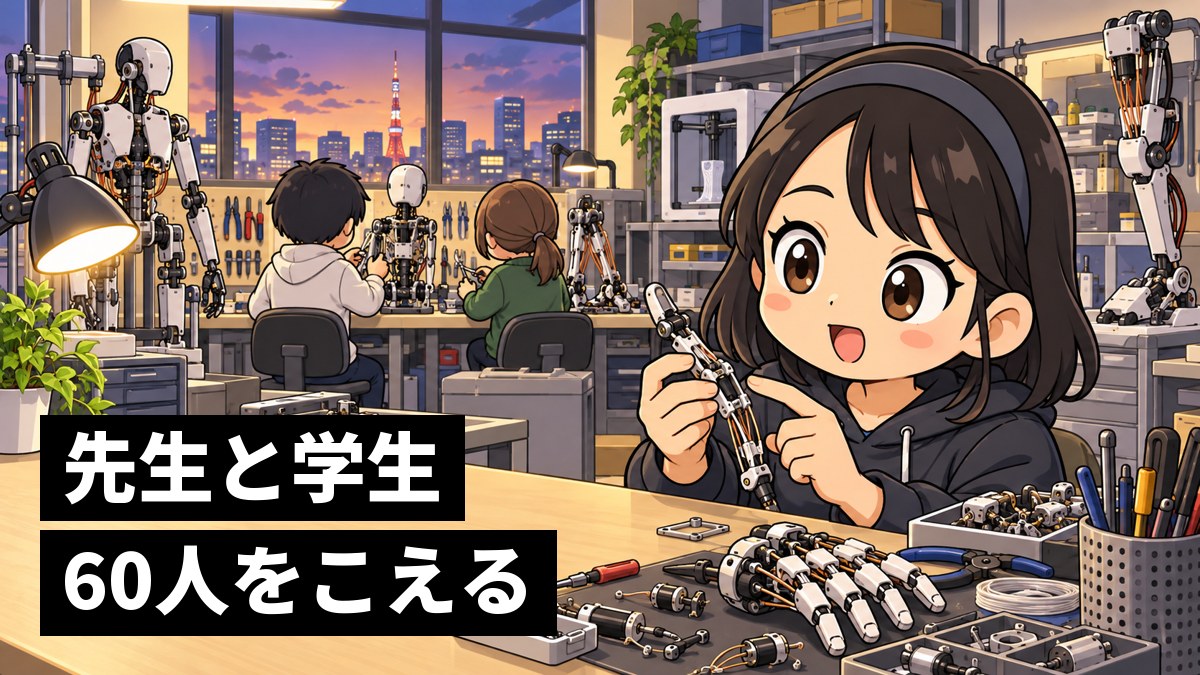 研究室の大きな作業台で、仲間とロボットの手の部品を組み立てながら、夢中で話しこむ大学院生の女性。「先生と学生60人をこえる」の文字。