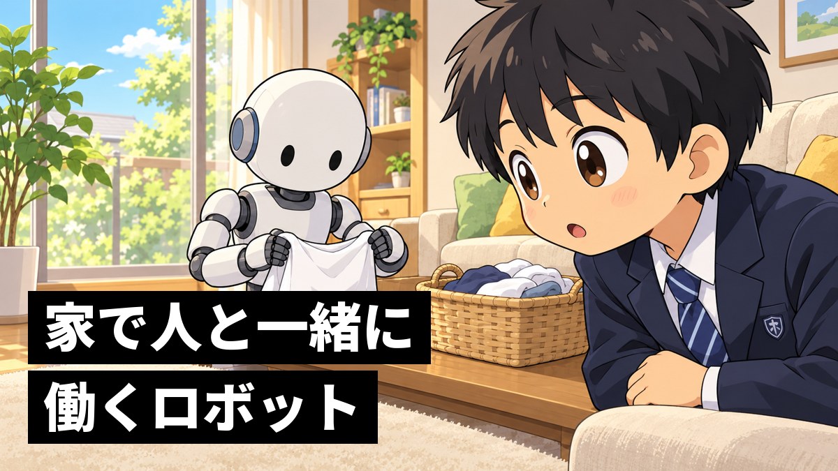 家のリビングで、白い人型ロボットが洗濯物のシャツをたたむのを、ソファから身を乗り出して夢中で見る館山中の男子。「家で人と一緒に働くロボット」の文字。
