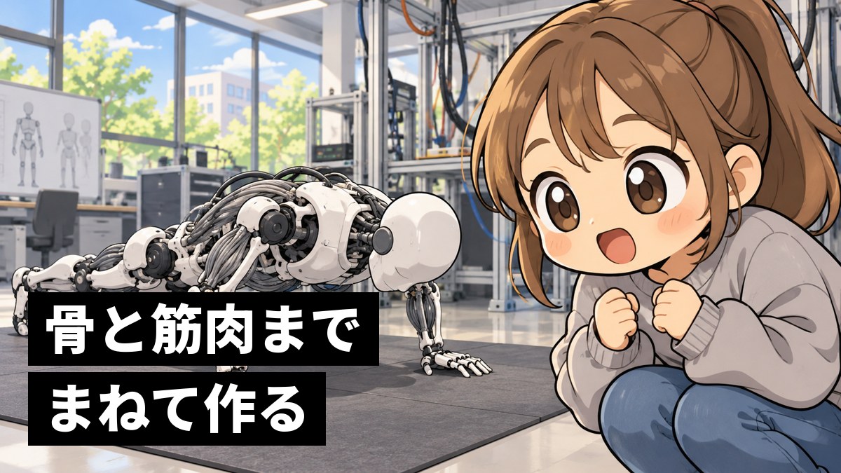 研究室の床で、骨と人工の筋肉がむき出しの人型ロボットが汗の粒を光らせて腕立て伏せをするのを、しゃがんで目を見開いて見つめる茶髪の女子大学生。「骨と筋肉までまねて作る」の文字。