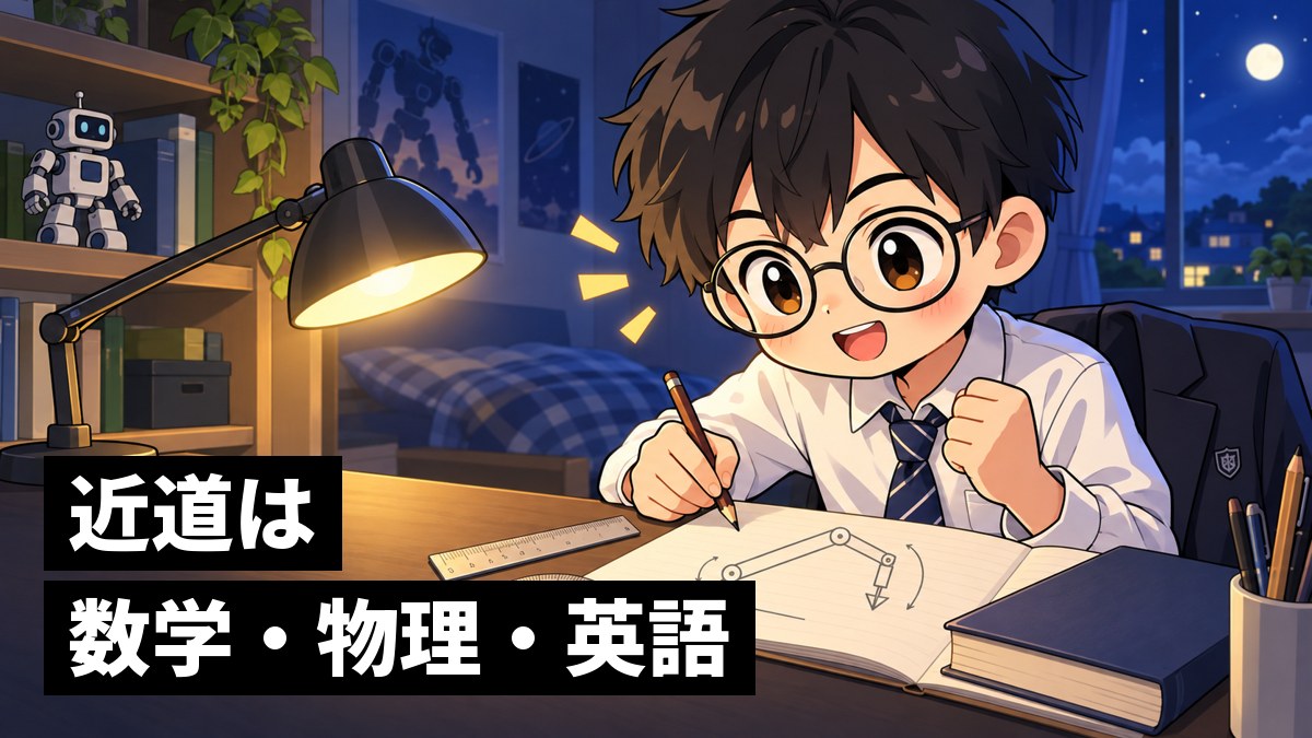 夜の自分の部屋で、ノートにロボットの腕とてこの図を描きながら、解けそうになってワクワクする館山中の男子。「近道は数学・物理・英語」の文字。