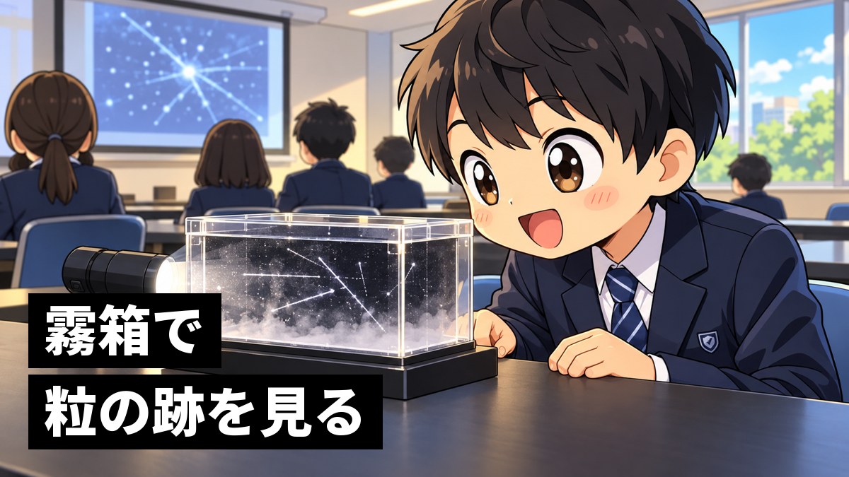 体験教室の机で、自分で作った霧箱をのぞきこみ、白い筋がすっと走るのを見て目を見開いて喜ぶ館山中の男子。「霧箱で粒の跡を見る」の文字。