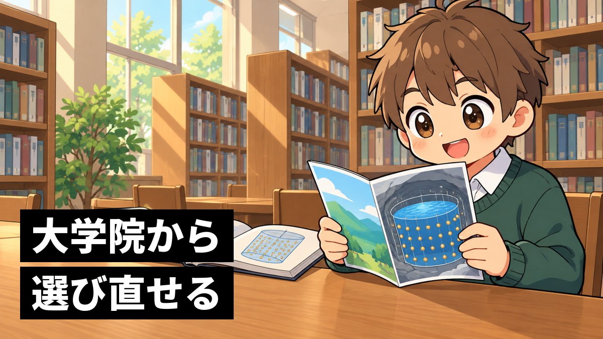 大学の図書館で、物理の分厚い本と大学院の案内を広げて、行きたい研究先を見つけてワクワクする茶髪の男子大学生。「大学院から選び直せる」の文字。