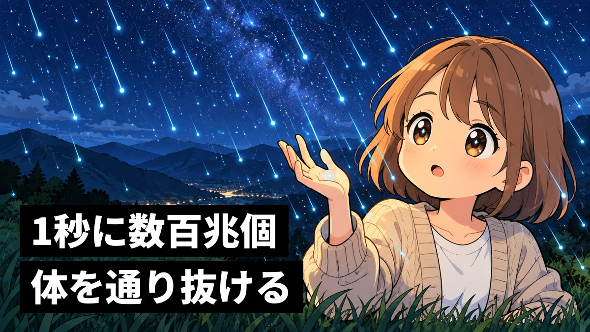 星空の下の山あいの草原で、自分の手のひらを小さな光の粒がすり抜けていくのを、不思議そうに見つめる茶髪の女子大学生。「1秒に数百兆個体を通り抜ける」の文字。