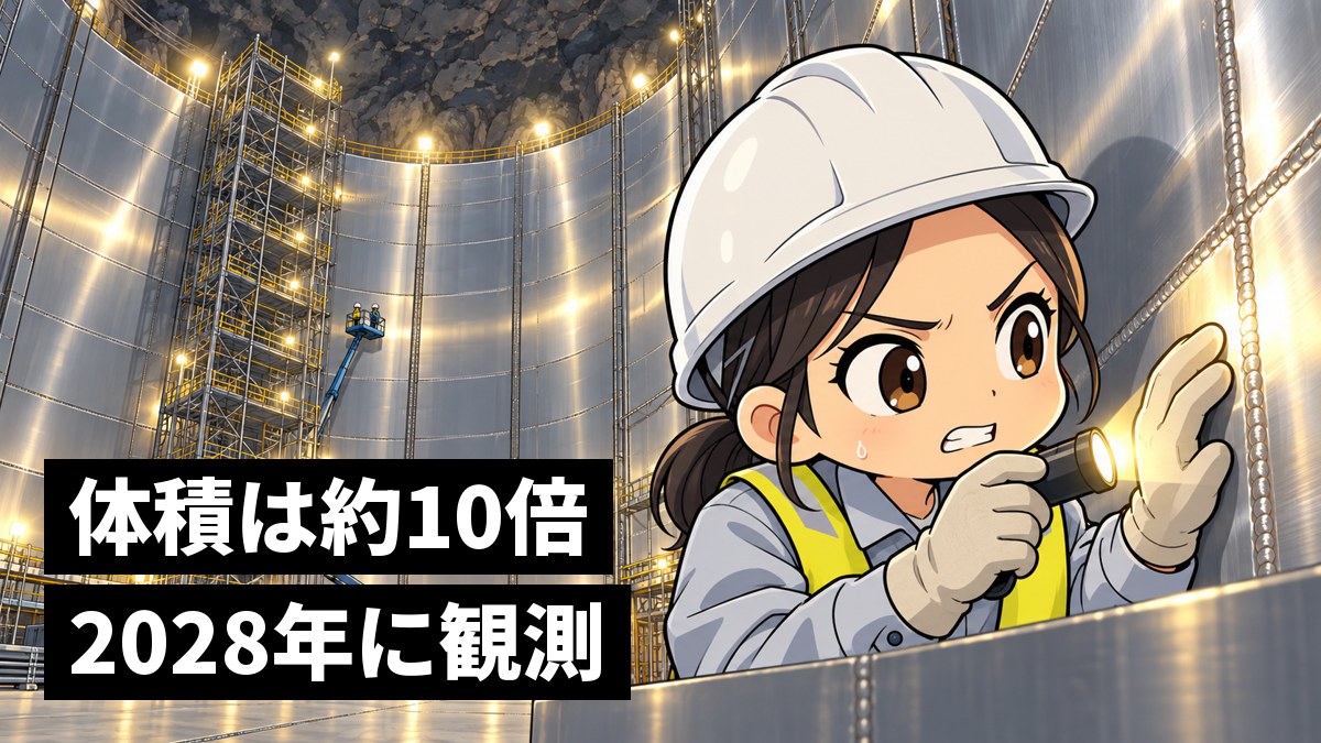 岩をくりぬいた巨大な地下空洞で、ステンレスの壁の溶接の継ぎ目を、ヘルメット姿で歯を食いしばって真剣に確かめる若い女性技術者。「体積は約10倍2028年に観測」の文字。