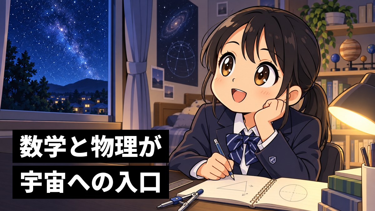 夜の自分の部屋で、ノートに図を描いて問題を解きながら、窓の星空を見上げてワクワクする館山中の女子。「数学と物理が宇宙への入口」の文字。