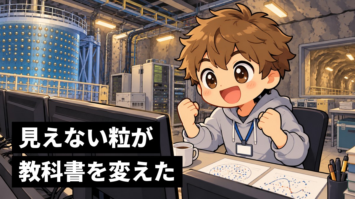 地下の観測所の制御室で、待っていた結果がデータに出て、両手を上げて満面の笑顔で喜ぶ茶髪の男子大学院生。「見えない粒が教科書を変えた」の文字。