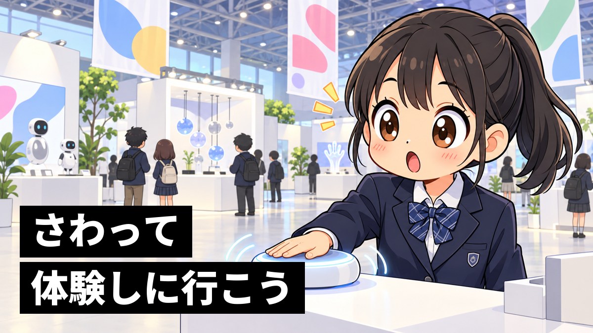 大きな展示会場で、小さなブースの台の上の振動する装置に手のひらを置き、目を丸くして息をのむ館山中の女子。「さわって体験しに行こう」の文字。