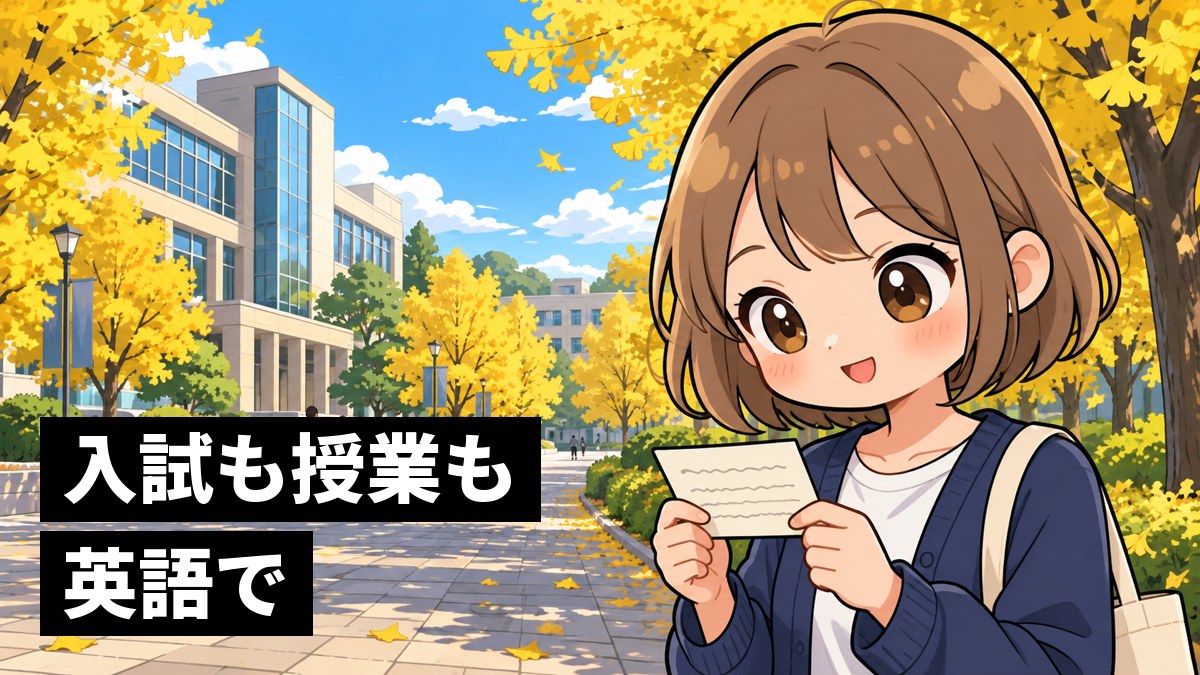 大学のイチョウ並木を、英語のメモを持って口の中で発音を練習しながら歩く、短い茶髪の女子大学生。「入試も授業も英語で」の文字。